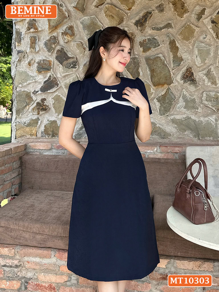 Đầm thiết kế BEMINE cổ tròn 2 lớp đính nơ MT10303
