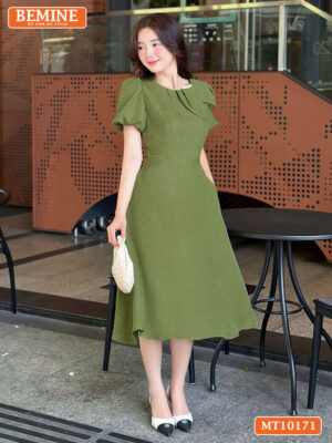 Đầm thiết kế BEMINE cổ tròn nơ tay phồng MT10171