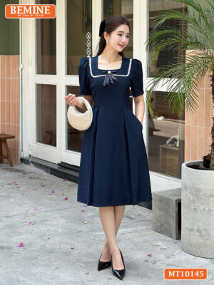 Đầm thiết kế BEMINE cổ vuông viền ren nơ MT10145