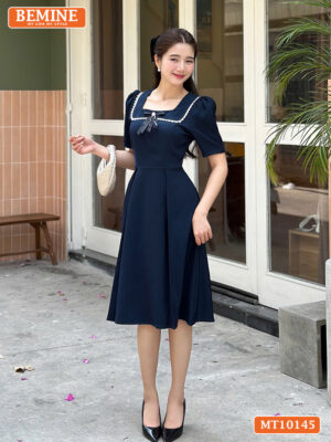 Đầm thiết kế BEMINE cổ vuông viền ren nơ MT10145