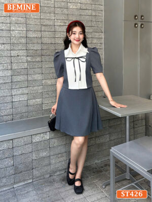 Set thiết kế BEMINE cổ sơ mi xếp ly chân váy ST426