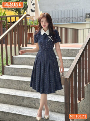 Đầm thiết kế BEMINE cổ đính nơ tùng xếp ly MT10173