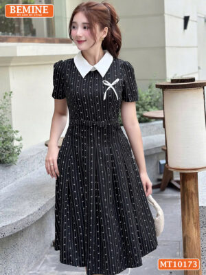 Đầm thiết kế BEMINE cổ đính nơ tùng xếp ly MT10173