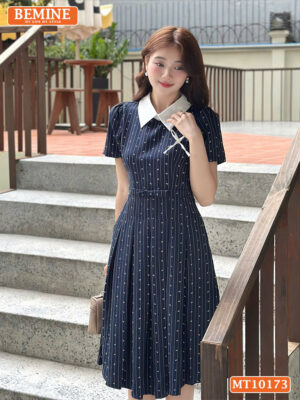 Đầm thiết kế BEMINE cổ đính nơ tùng xếp ly MT10173
