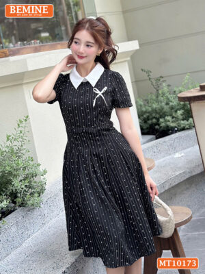 Đầm thiết kế BEMINE cổ đính nơ tùng xếp ly MT10173