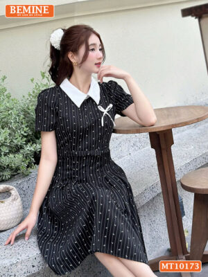 Đầm thiết kế BEMINE cổ đính nơ tùng xếp ly MT10173