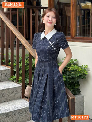 Đầm thiết kế BEMINE cổ đính nơ tùng xếp ly MT10173