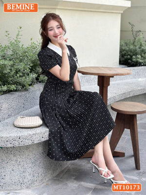 Đầm thiết kế BEMINE cổ đính nơ tùng xếp ly MT10173