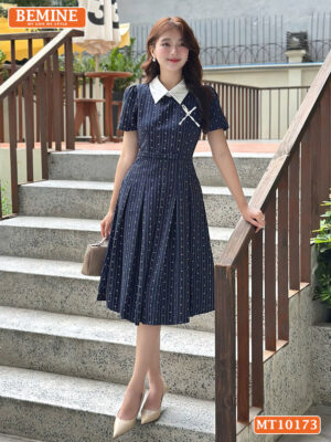 Đầm thiết kế BEMINE cổ đính nơ tùng xếp ly MT10173