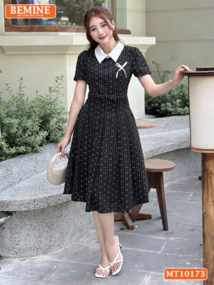 Đầm thiết kế BEMINE cổ đính nơ tùng xếp ly MT10173