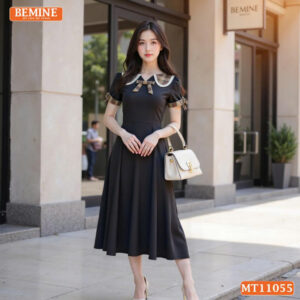 Đầm thiết kế BEMINE cổ phối caro viền ren MT11055