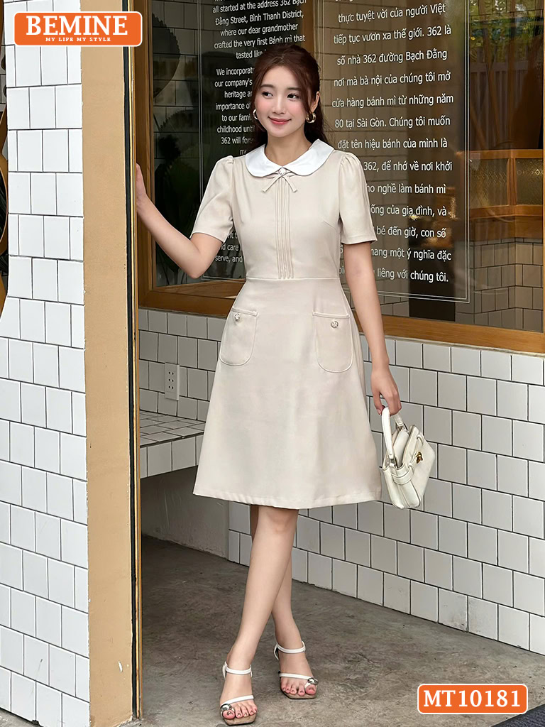 Đầm thiết kế BEMINE cổ sen nơ ngực xếp ly MT10181