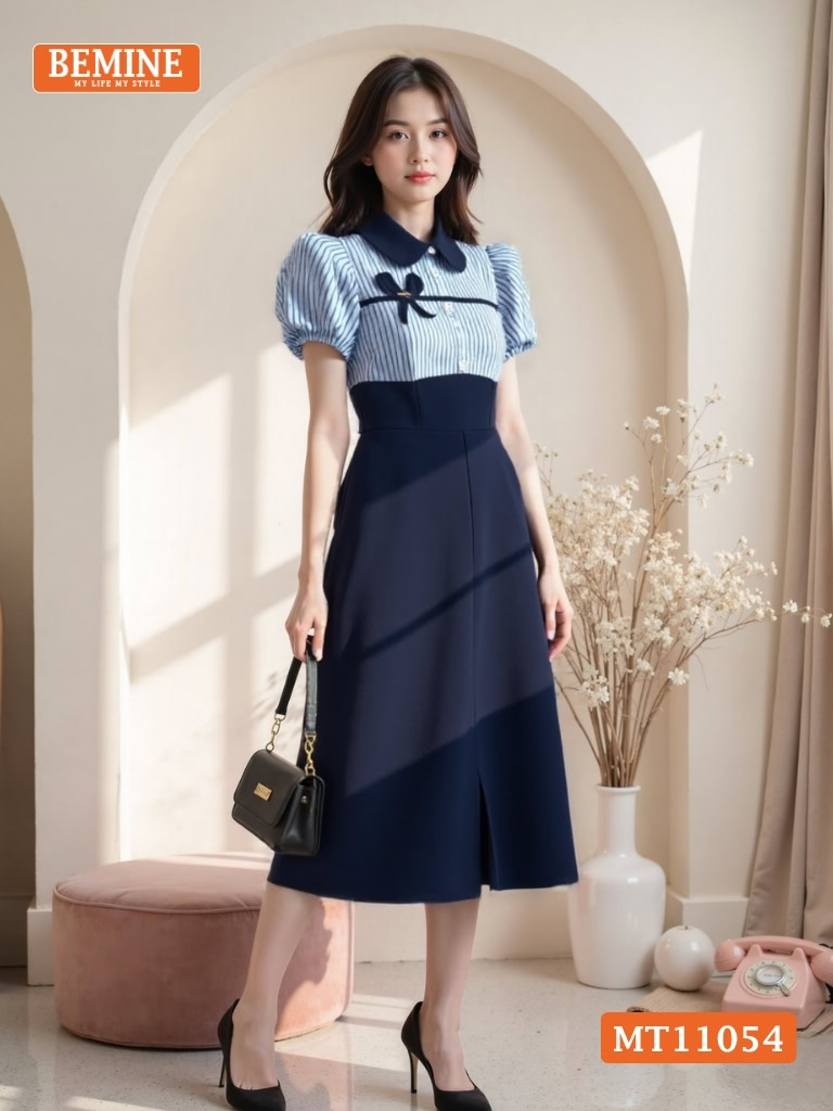 Đầm thiết kế BEMINE cổ sen phối kẻ nơ liền MT11054
