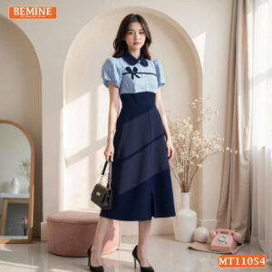 Đầm thiết kế BEMINE cổ sen phối kẻ nơ liền MT11054
