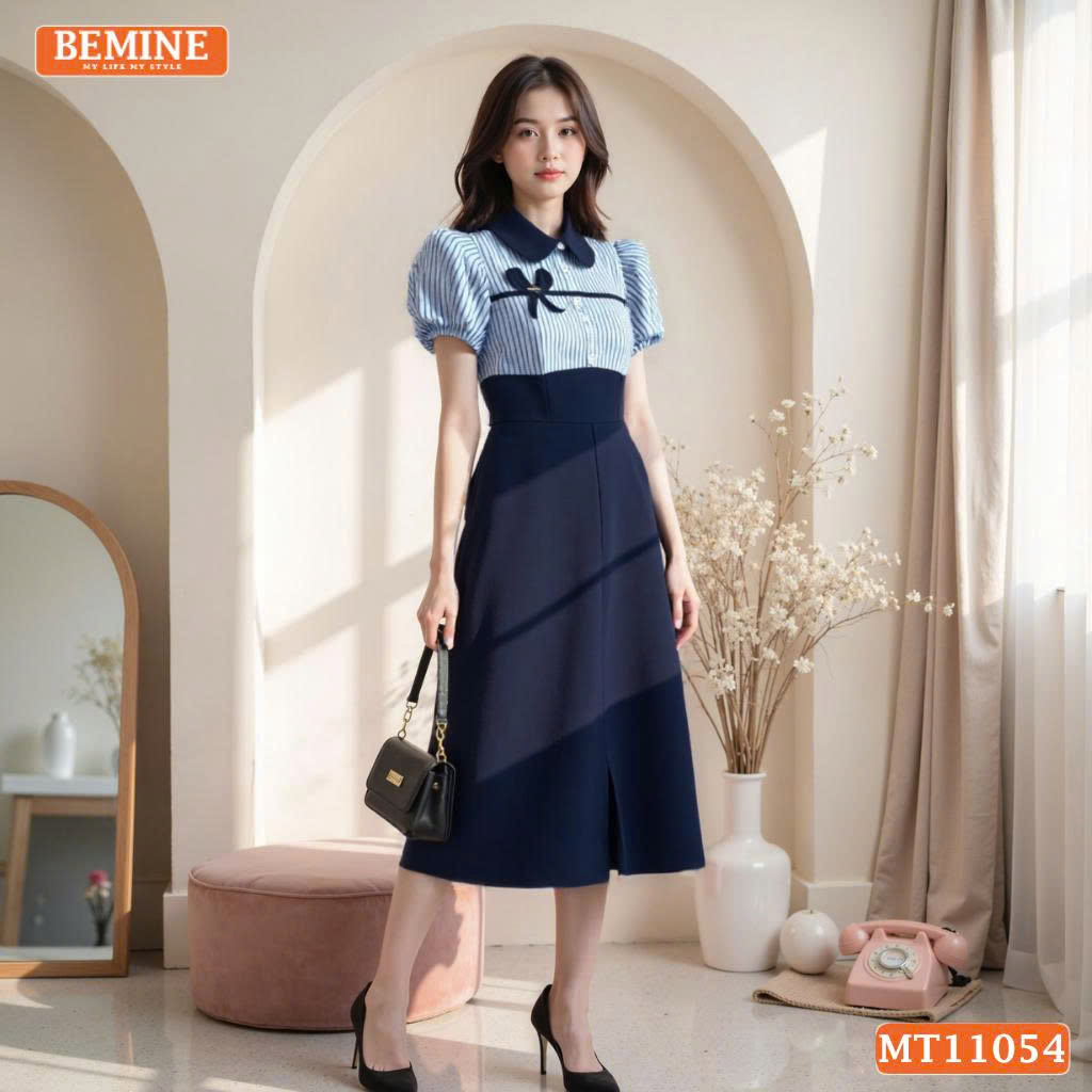 Đầm thiết kế BEMINE cổ sen phối kẻ nơ liền MT11054