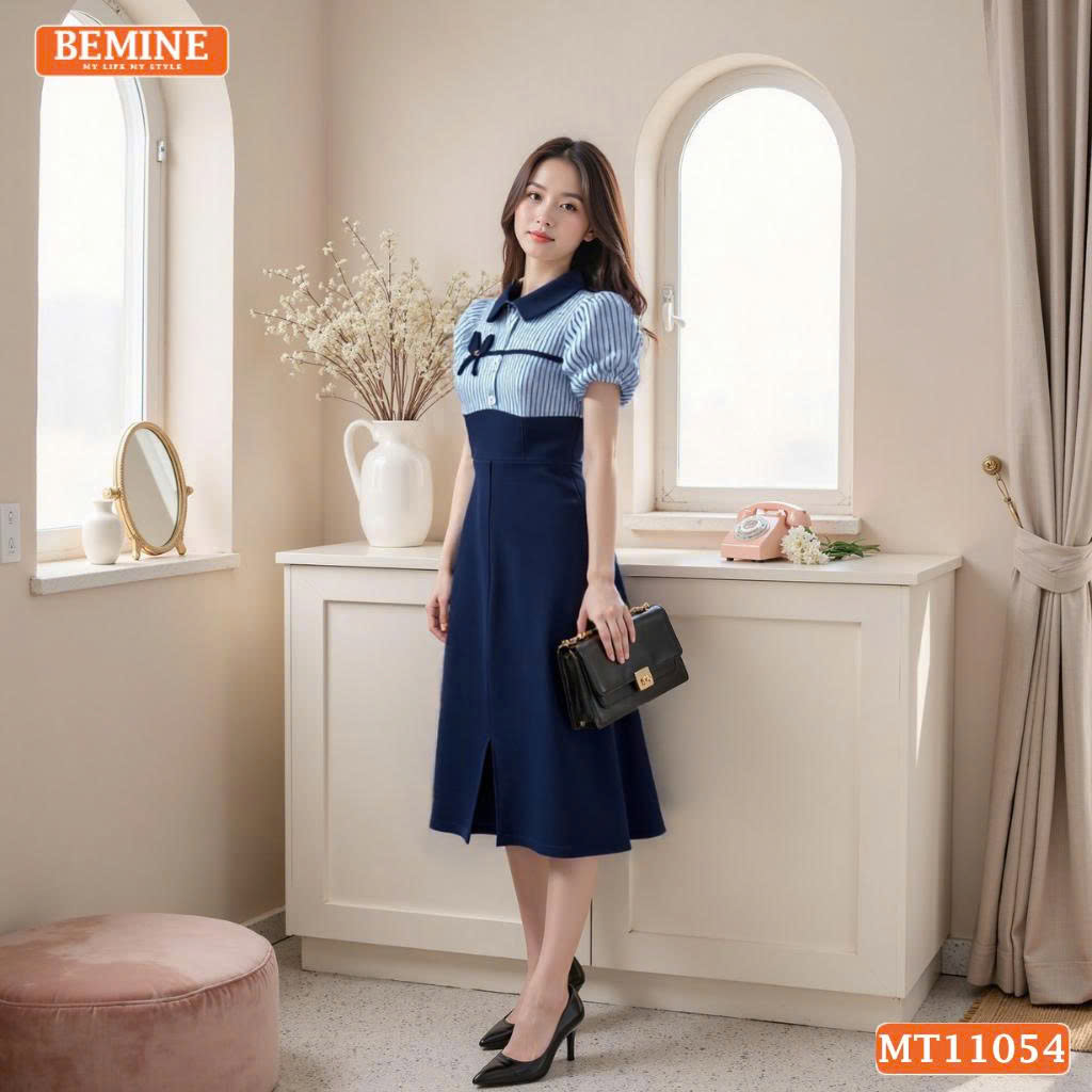 Đầm thiết kế BEMINE cổ sen phối kẻ nơ liền MT11054