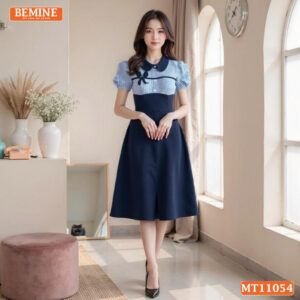 Đầm thiết kế BEMINE cổ sen phối kẻ nơ liền MT11054