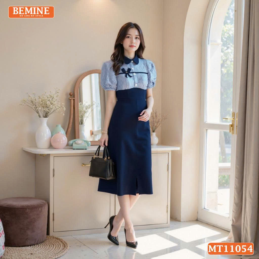 Đầm thiết kế BEMINE cổ sen phối kẻ nơ liền MT11054