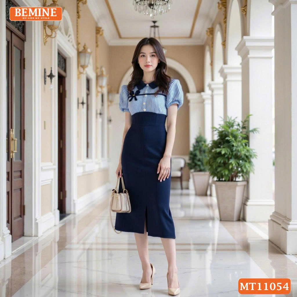 Đầm thiết kế BEMINE cổ sen phối kẻ nơ liền MT11054