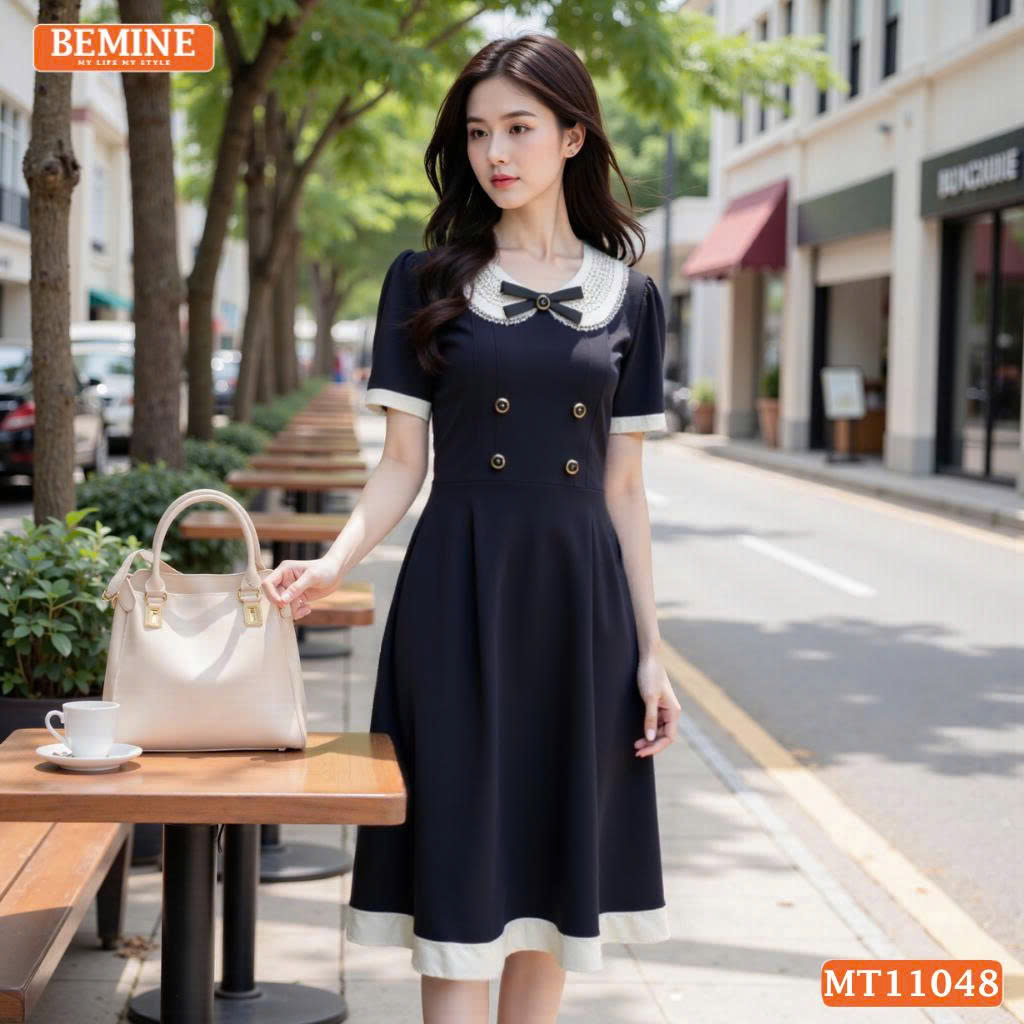Đầm thiết kế BEMINE cổ sen viền ren có cúc MT11048
