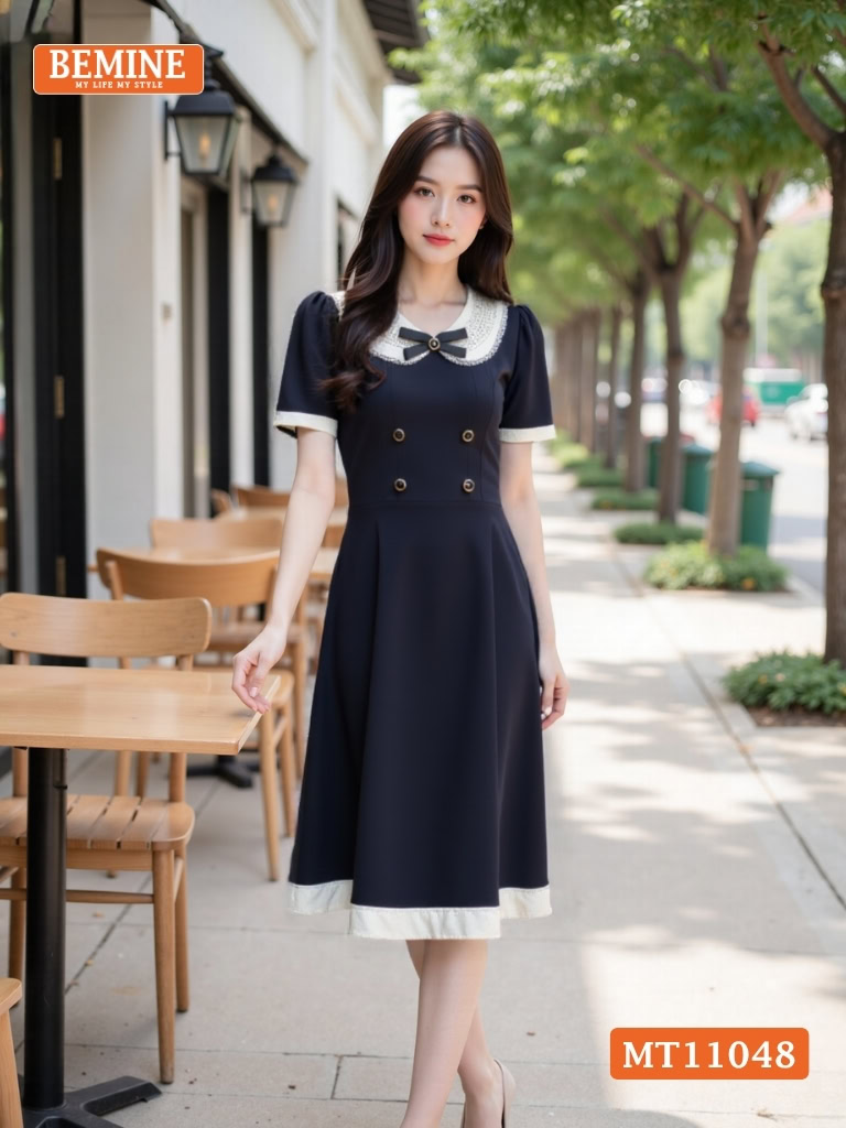 Đầm thiết kế BEMINE cổ sen viền ren có cúc MT11048
