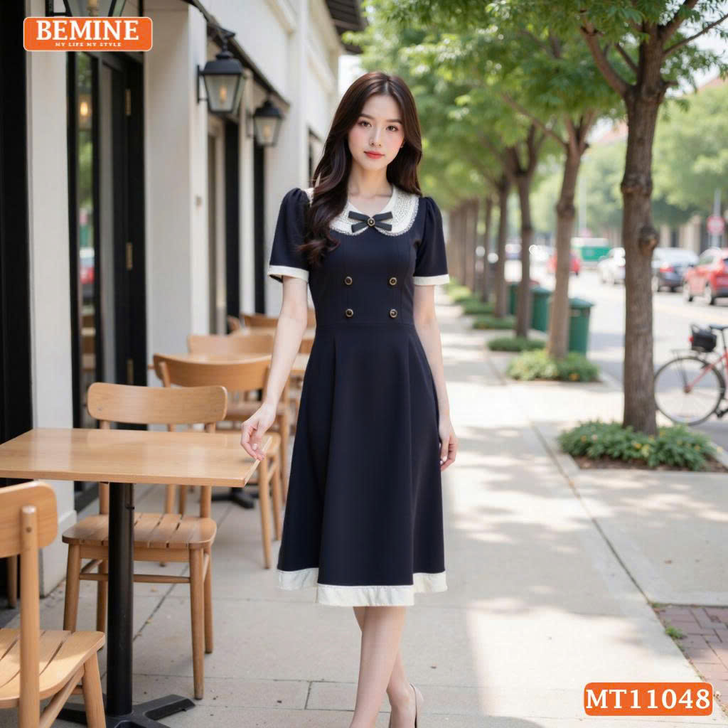 Đầm thiết kế BEMINE cổ sen viền ren có cúc MT11048