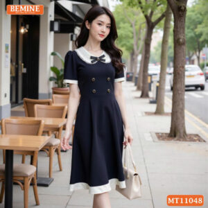 Đầm thiết kế BEMINE cổ sen viền ren có cúc MT11048