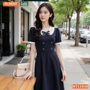 Đầm thiết kế BEMINE cổ sen viền ren có cúc MT11048