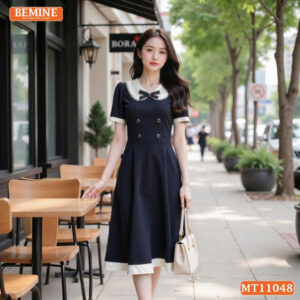 Đầm thiết kế BEMINE cổ sen viền ren có cúc MT11048
