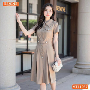 Đầm thiết kế BEMINE cổ sơ mi tùng xếp ly MT11037