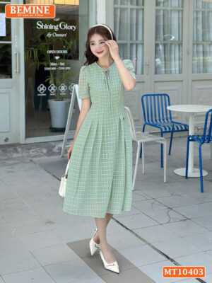Đầm thiết kế BEMINE cổ tròn dây nơ tơ voan MT10403