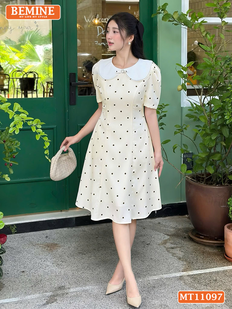Chia Sẻ Cách Chọn Đầm Hoa Trung Niên Trẻ Trung Cho Các Chị Em Đầm thiết kế BEMINE Dáng Chữ A Công Sở Chấm Bi Cổ Sen MT11097 thanh Lịch