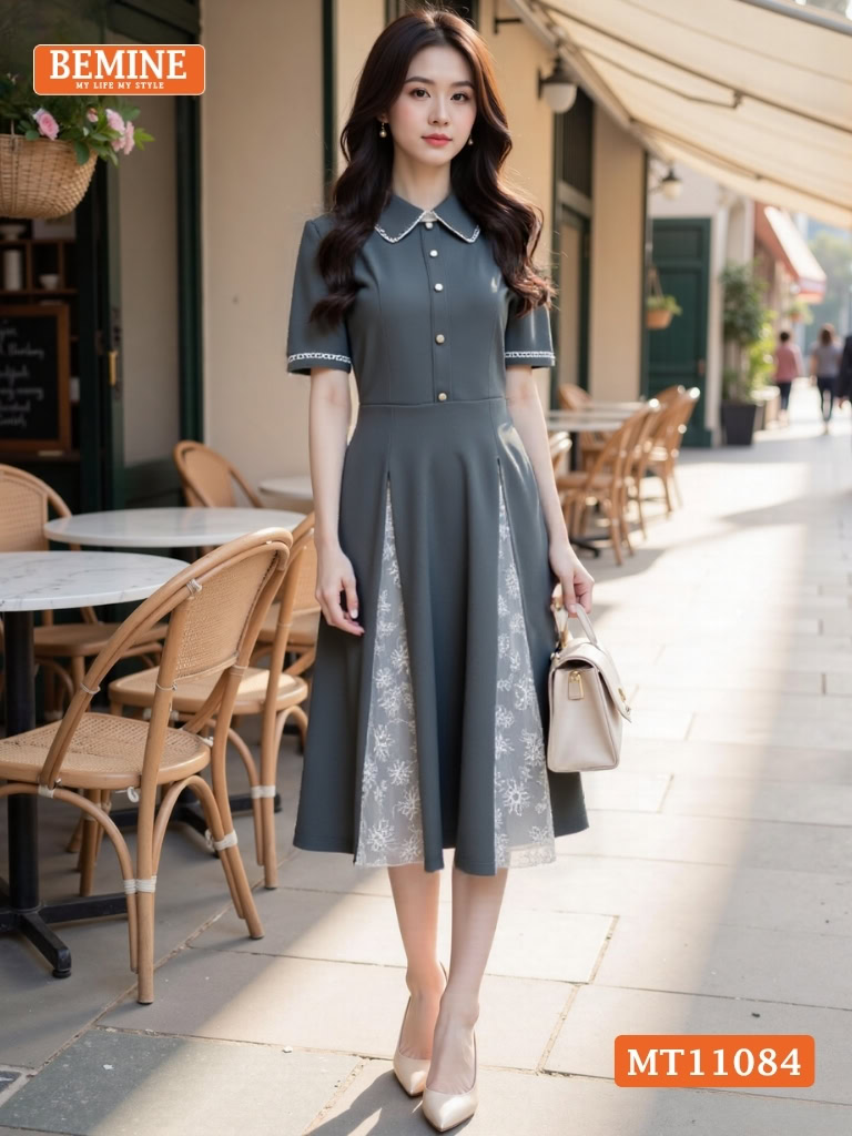 Đầm thiết kế BEMINE cổ sen kiểu viền ren MT11084
