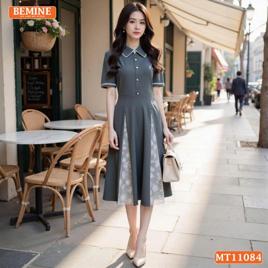 Đầm thiết kế BEMINE cổ sen kiểu viền ren MT11084