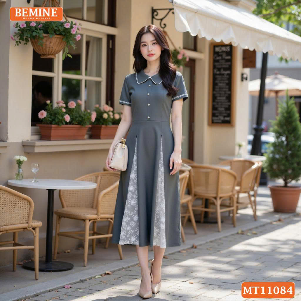 Đầm thiết kế BEMINE cổ sen kiểu viền ren MT11084