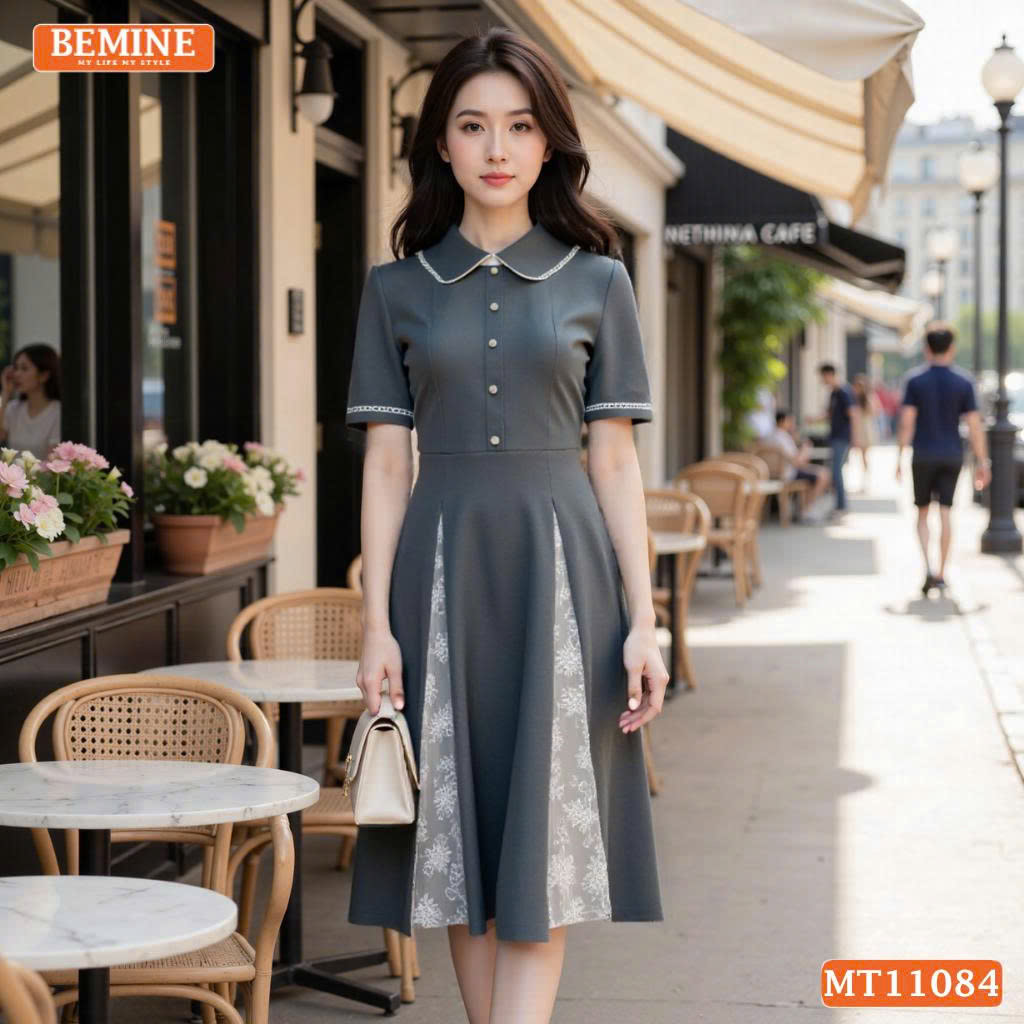 Đầm thiết kế BEMINE cổ sen kiểu viền ren MT11084