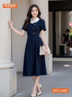Đầm thiết kế BEMINE cổ sơ mi phối đính cúc MT11095
