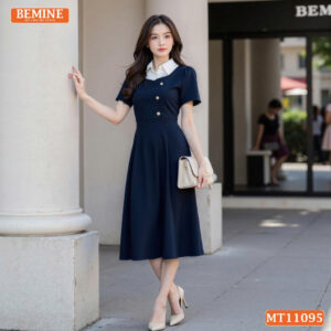 Đầm thiết kế BEMINE cổ sơ mi phối đính cúc MT11095