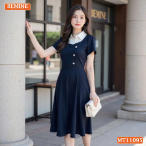 Đầm thiết kế BEMINE cổ sơ mi phối đính cúc MT11095