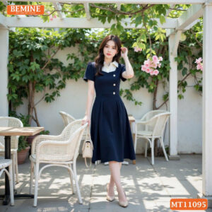 Đầm thiết kế BEMINE cổ sơ mi phối đính cúc MT11095