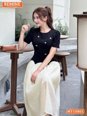 Đầm thiết kế BEMINE cổ tròn charm đá MT10801