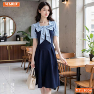 Đầm thiết kế BEMINE cổ vuông nơ phối sọc MT11064