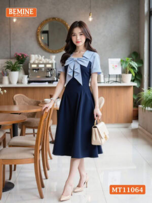 Đầm thiết kế BEMINE cổ vuông nơ phối sọc MT11064