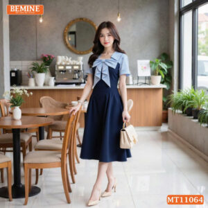 Đầm thiết kế BEMINE cổ vuông nơ phối sọc MT11064