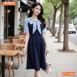 Đầm thiết kế BEMINE cổ vuông nơ phối sọc MT11064