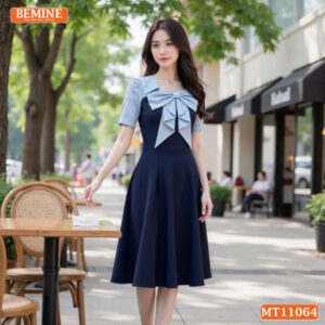 Đầm thiết kế BEMINE cổ vuông nơ phối sọc MT11064