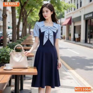 Đầm thiết kế BEMINE cổ vuông nơ phối sọc MT11064