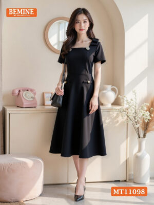 Đầm Thiết Kế BEMINE Cổ Vuông Nơ Vai MT11098
