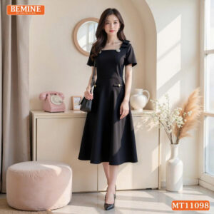 Đầm Thiết Kế BEMINE Cổ Vuông Nơ Vai MT11098
