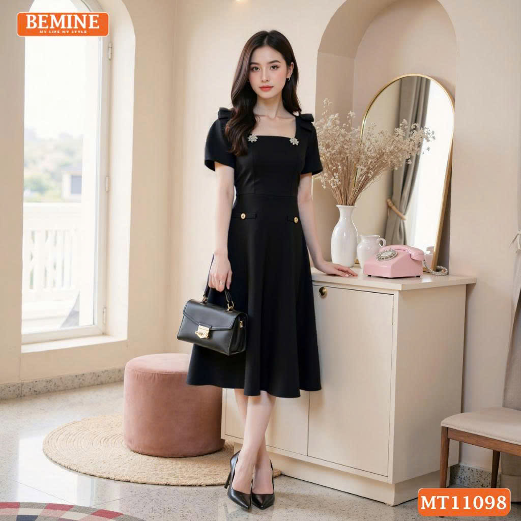 Đầm Thiết Kế BEMINE Cổ Vuông Nơ Vai MT11098